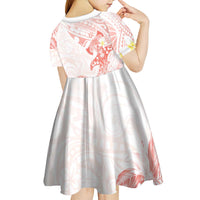 Polynesia Hammerhead Shark Kid Short Sleeve Dress Tropical Flowers Tribal Pattern Peach