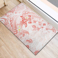 Polynesia Hammerhead Shark Rubber Doormat Tropical Flowers Tribal Pattern Peach