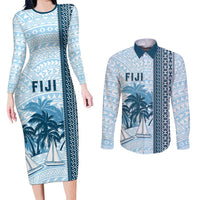 Custom Fiji Regatta Couples Matching Long Sleeve Bodycon Dress and Long Sleeve Button Shirt Palm Tree Tapa Pattern - Polynesian Pride