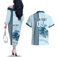 Custom Fiji Regatta Couples Matching Off The Shoulder Long Sleeve Dress and Hawaiian Shirt Palm Tree Tapa Pattern - Polynesian Pride