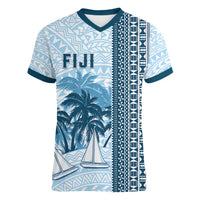 Custom Fiji Regatta Women V-Neck T-Shirt Palm Tree Tapa Pattern - Polynesian Pride