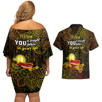 Happy Diwali Festival Couples Matching Off Shoulder Short Dress and Hawaiian Shirt Diya Lamp Hibiscus Polynesian Pattern LT05 - Polynesian Pride
