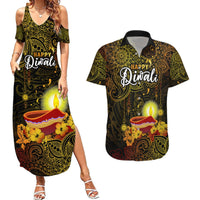 Happy Diwali Festival Couples Matching Summer Maxi Dress and Hawaiian Shirt Diya Lamp Hibiscus Polynesian Pattern LT05 Yellow - Polynesian Pride