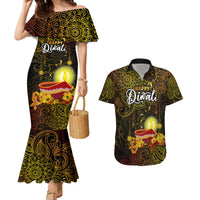 Personalized Happy Diwali Festival Couples Matching Mermaid Dress and Hawaiian Shirt Diya Lamp Hibiscus Polynesian Pattern LT05 Yellow - Polynesian Pride