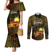 Personalized Happy Diwali Festival Couples Matching Mermaid Dress and Long Sleeve Button Shirts Diya Lamp Hibiscus Polynesian Pattern LT05 Yellow - Polynesian Pride