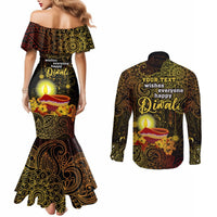 Personalized Happy Diwali Festival Couples Matching Mermaid Dress and Long Sleeve Button Shirts Diya Lamp Hibiscus Polynesian Pattern LT05 - Polynesian Pride