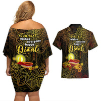 Personalized Happy Diwali Festival Couples Matching Off Shoulder Short Dress and Hawaiian Shirt Diya Lamp Hibiscus Polynesian Pattern LT05 - Polynesian Pride