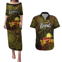 Personalized Happy Diwali Festival Couples Matching Puletasi Dress and Hawaiian Shirt Diya Lamp Hibiscus Polynesian Pattern LT05 Yellow - Polynesian Pride