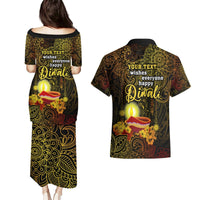 Personalized Happy Diwali Festival Couples Matching Puletasi Dress and Hawaiian Shirt Diya Lamp Hibiscus Polynesian Pattern LT05 - Polynesian Pride
