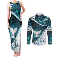 Aotearoa New Zealand Couples Matching Tank Maxi Dress and Long Sleeve Button Shirt Maori Wera Paua Shell Teal Glitter LT05 Teal - Polynesian Pride