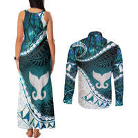 Aotearoa New Zealand Couples Matching Tank Maxi Dress and Long Sleeve Button Shirt Maori Wera Paua Shell Teal Glitter LT05 - Polynesian Pride