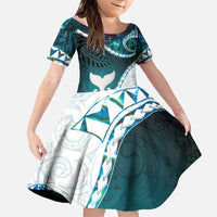 Aotearoa New Zealand Family Matching Long Sleeve Bodycon Dress and Hawaiian Shirt Maori Wera Paua Shell Teal Glitter LT05 Daughter's Dress Teal - Polynesian Pride