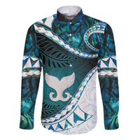 Aotearoa New Zealand Family Matching Long Sleeve Bodycon Dress and Hawaiian Shirt Maori Wera Paua Shell Teal Glitter LT05 Dad's Shirt - Long Sleeve Teal - Polynesian Pride