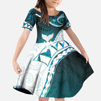 Aotearoa New Zealand Family Matching Puletasi and Hawaiian Shirt Maori Wera Paua Shell Teal Glitter LT05 Daughter's Dress Teal - Polynesian Pride