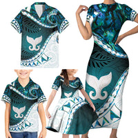 Aotearoa New Zealand Family Matching Short Sleeve Bodycon Dress and Hawaiian Shirt Maori Wera Paua Shell Teal Glitter LT05 - Polynesian Pride