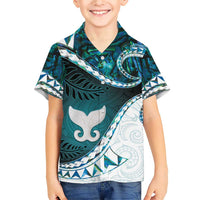 Aotearoa New Zealand Family Matching Short Sleeve Bodycon Dress and Hawaiian Shirt Maori Wera Paua Shell Teal Glitter LT05 Son's Shirt Teal - Polynesian Pride