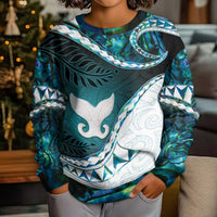 Aotearoa New Zealand Kid Ugly Christmas Sweater Maori Wera Paua Shell Teal Glitter