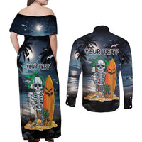 Personalised Hawaii Halloween Couples Matching Off Shoulder Maxi Dress and Long Sleeve Button Shirt Hallowaiian Skeleton Surf