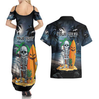 Personalised Hawaii Halloween Couples Matching Summer Maxi Dress and Hawaiian Shirt Hallowaiian Skeleton Surf