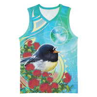 New Zealand Tomtit Basketball Jersey Maori Koru With Pohutukawa Galaxy Style - Polynesian Pride