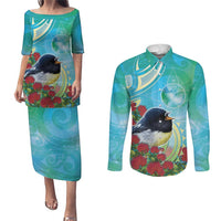 New Zealand Tomtit Couples Matching Puletasi and Long Sleeve Button Shirt Maori Koru With Pohutukawa Galaxy Style - Polynesian Pride