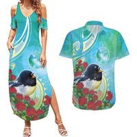 New Zealand Tomtit Couples Matching Summer Maxi Dress and Hawaiian Shirt Maori Koru With Pohutukawa Galaxy Style LT05 Aqua - Polynesian Pride