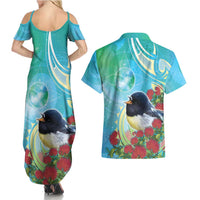 New Zealand Tomtit Couples Matching Summer Maxi Dress and Hawaiian Shirt Maori Koru With Pohutukawa Galaxy Style LT05 - Polynesian Pride