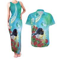 New Zealand Tomtit Couples Matching Tank Maxi Dress and Hawaiian Shirt Maori Koru With Pohutukawa Galaxy Style LT05 Aqua - Polynesian Pride