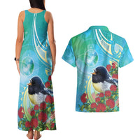 New Zealand Tomtit Couples Matching Tank Maxi Dress and Hawaiian Shirt Maori Koru With Pohutukawa Galaxy Style LT05 - Polynesian Pride