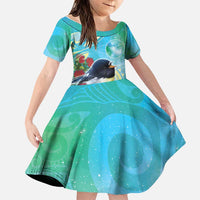 New Zealand Tomtit Family Matching Long Sleeve Bodycon Dress and Hawaiian Shirt Maori Koru With Pohutukawa Galaxy Style LT05 Daughter's Dress Aqua - Polynesian Pride