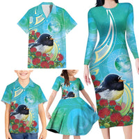 New Zealand Tomtit Family Matching Long Sleeve Bodycon Dress and Hawaiian Shirt Maori Koru With Pohutukawa Galaxy Style LT05 - Polynesian Pride