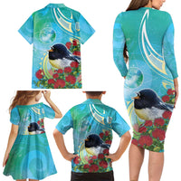 New Zealand Tomtit Family Matching Long Sleeve Bodycon Dress and Hawaiian Shirt Maori Koru With Pohutukawa Galaxy Style LT05 - Polynesian Pride