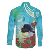 New Zealand Tomtit Family Matching Long Sleeve Bodycon Dress and Hawaiian Shirt Maori Koru With Pohutukawa Galaxy Style LT05 - Polynesian Pride
