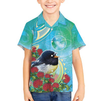 New Zealand Tomtit Family Matching Long Sleeve Bodycon Dress and Hawaiian Shirt Maori Koru With Pohutukawa Galaxy Style LT05 Son's Shirt Aqua - Polynesian Pride