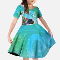 New Zealand Tomtit Family Matching Mermaid Dress and Hawaiian Shirt Maori Koru With Pohutukawa Galaxy Style LT05 Daughter's Dress Aqua - Polynesian Pride