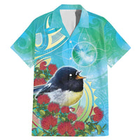 New Zealand Tomtit Family Matching Mermaid Dress and Hawaiian Shirt Maori Koru With Pohutukawa Galaxy Style LT05 Dad's Shirt - Short Sleeve Aqua - Polynesian Pride