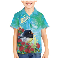 New Zealand Tomtit Family Matching Mermaid Dress and Hawaiian Shirt Maori Koru With Pohutukawa Galaxy Style LT05 Son's Shirt Aqua - Polynesian Pride