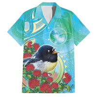 New Zealand Tomtit Family Matching Off Shoulder Short Dress and Hawaiian Shirt Maori Koru With Pohutukawa Galaxy Style LT05 Dad's Shirt - Short Sleeve Aqua - Polynesian Pride