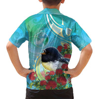 New Zealand Tomtit Family Matching Short Sleeve Bodycon Dress and Hawaiian Shirt Maori Koru With Pohutukawa Galaxy Style LT05 - Polynesian Pride