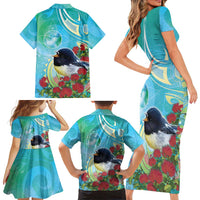 New Zealand Tomtit Family Matching Short Sleeve Bodycon Dress and Hawaiian Shirt Maori Koru With Pohutukawa Galaxy Style LT05 - Polynesian Pride