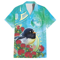 New Zealand Tomtit Family Matching Short Sleeve Bodycon Dress and Hawaiian Shirt Maori Koru With Pohutukawa Galaxy Style LT05 Dad's Shirt - Short Sleeve Aqua - Polynesian Pride