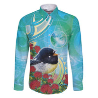 New Zealand Tomtit Family Matching Short Sleeve Bodycon Dress and Hawaiian Shirt Maori Koru With Pohutukawa Galaxy Style LT05 Dad's Shirt - Long Sleeve Aqua - Polynesian Pride