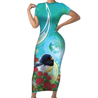 New Zealand Tomtit Family Matching Short Sleeve Bodycon Dress and Hawaiian Shirt Maori Koru With Pohutukawa Galaxy Style LT05 Mom's Dress Aqua - Polynesian Pride