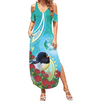 New Zealand Tomtit Family Matching Summer Maxi Dress and Hawaiian Shirt Maori Koru With Pohutukawa Galaxy Style LT05 Mom's Dress Aqua - Polynesian Pride