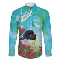 New Zealand Tomtit Family Matching Tank Maxi Dress and Hawaiian Shirt Maori Koru With Pohutukawa Galaxy Style LT05 Dad's Shirt - Long Sleeve Aqua - Polynesian Pride