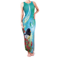 New Zealand Tomtit Family Matching Tank Maxi Dress and Hawaiian Shirt Maori Koru With Pohutukawa Galaxy Style LT05 Mom's Dress Aqua - Polynesian Pride