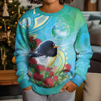 New Zealand Tomtit Kid Ugly Christmas Sweater Maori Koru With Pohutukawa Galaxy Style - Polynesian Pride