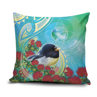 New Zealand Tomtit Pillow Cover Maori Koru With Pohutukawa Galaxy Style - Polynesian Pride