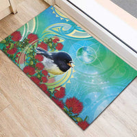 New Zealand Tomtit Rubber Doormat Maori Koru With Pohutukawa Galaxy Style - Polynesian Pride