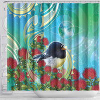 New Zealand Tomtit Shower Curtain Maori Koru With Pohutukawa Galaxy Style - Polynesian Pride